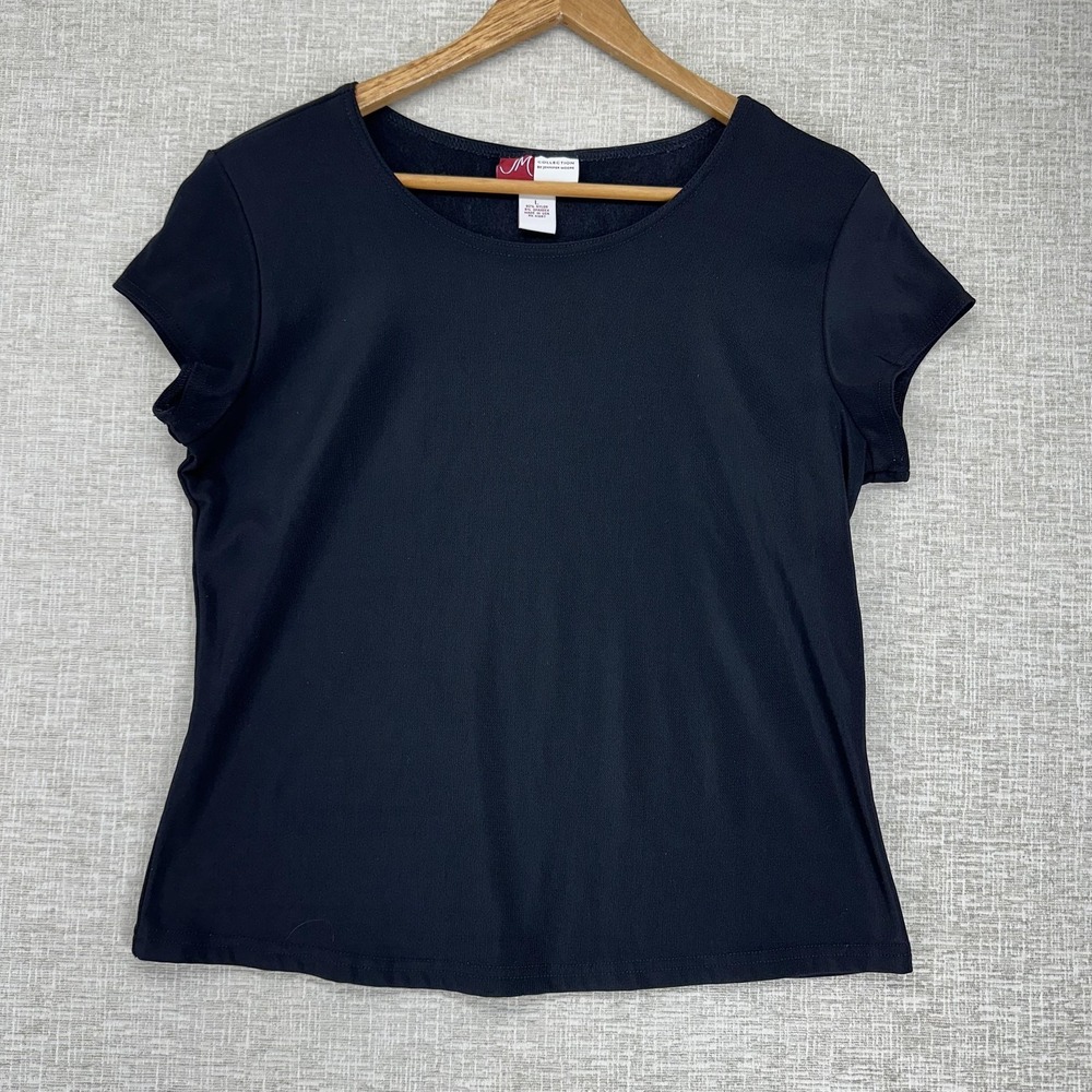 JM Collection Shirt Womens Large Black‎ Crew Neck Cap Sleeve Knit Stretch Top